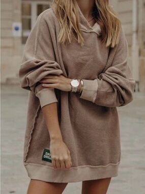 Daily Drills Reversible Oversized Hoodie Dress Tan Brown XS/S